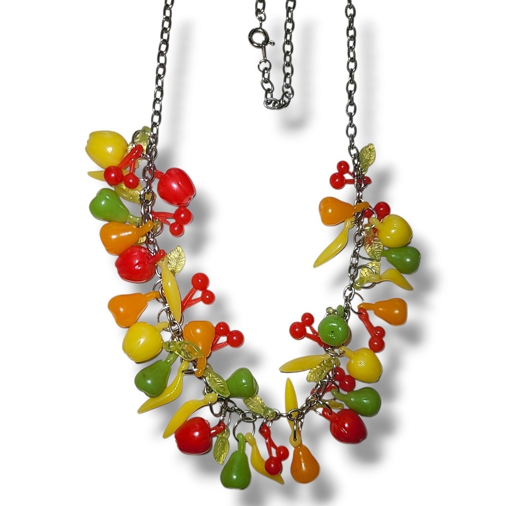 Vintage Plastic Fruit Salad Necklace 24" Tropical Novelty Banana Cherry Apple
